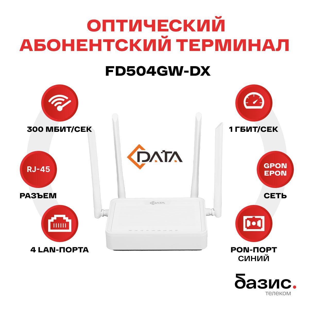 ОптическийабонентскийтерминалC-DataFD504GW-DX(Порт:SC/UPC(синий)),Wi-Fi(2,4ГГц,5ГГц)