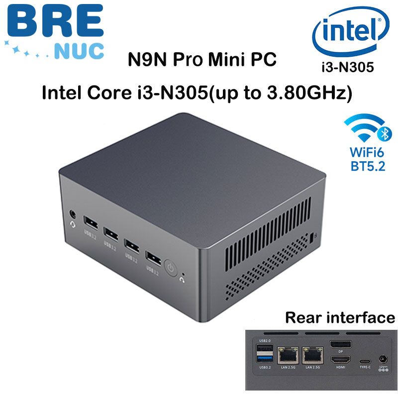 BRENUCМини-ПКN9NPRO(IntelCorei3-N305,RAM32ГБ,SSD1024ГБ,IntelUHDGraphics,Windows11Pro),темно-серый