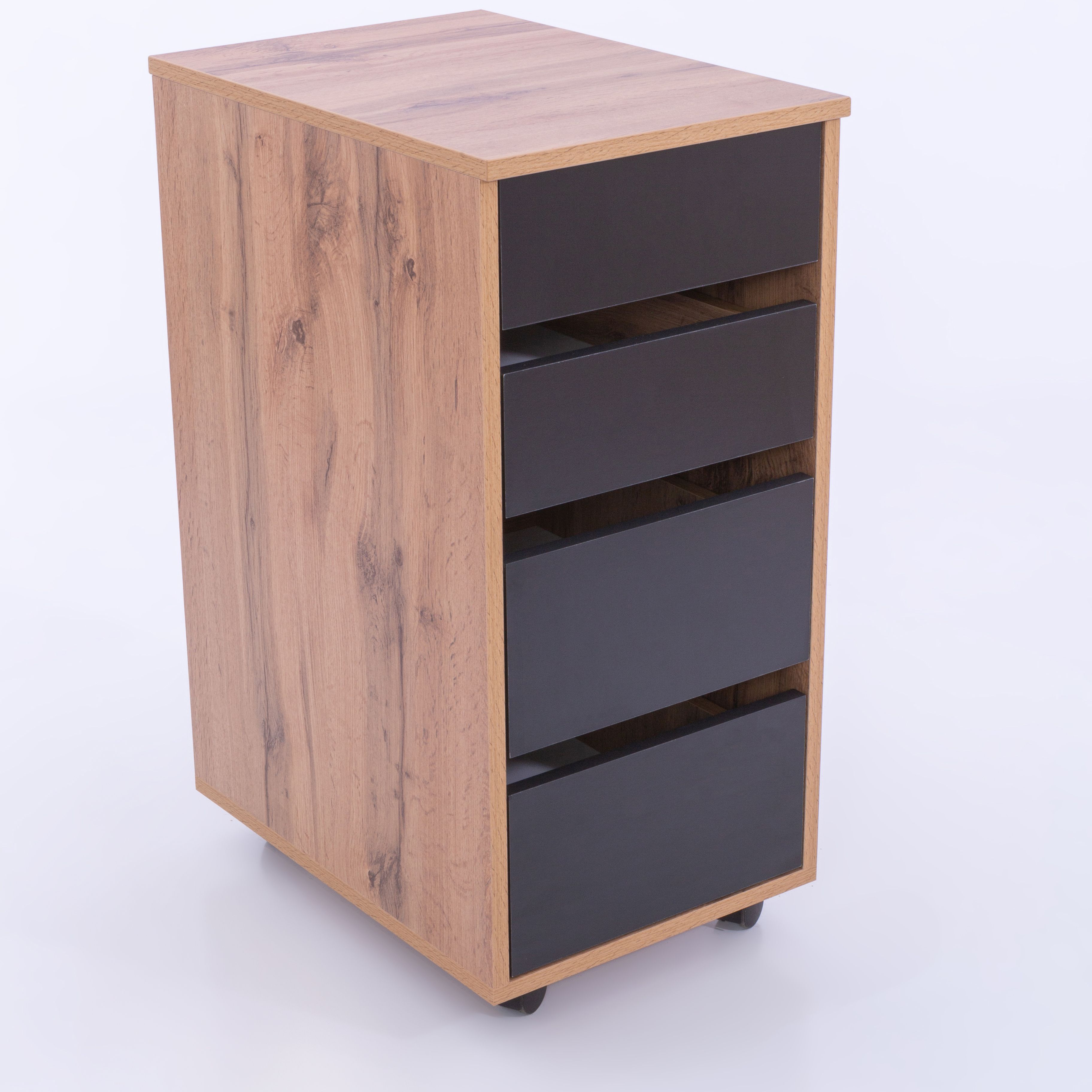 Тумба T c 4 ящиками на колесах/ Дуб вотан/черный / 35 х 50 х 75см