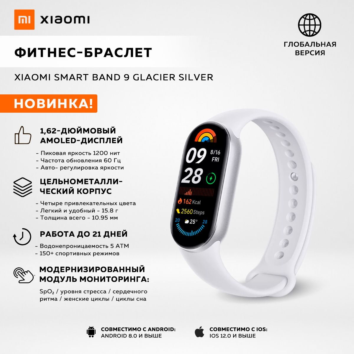 Фитнес браслет Xiaomi Smart Band 9 Glacier Silver, белый / модель: M2345B1 / BHR8340GL глобальная версия