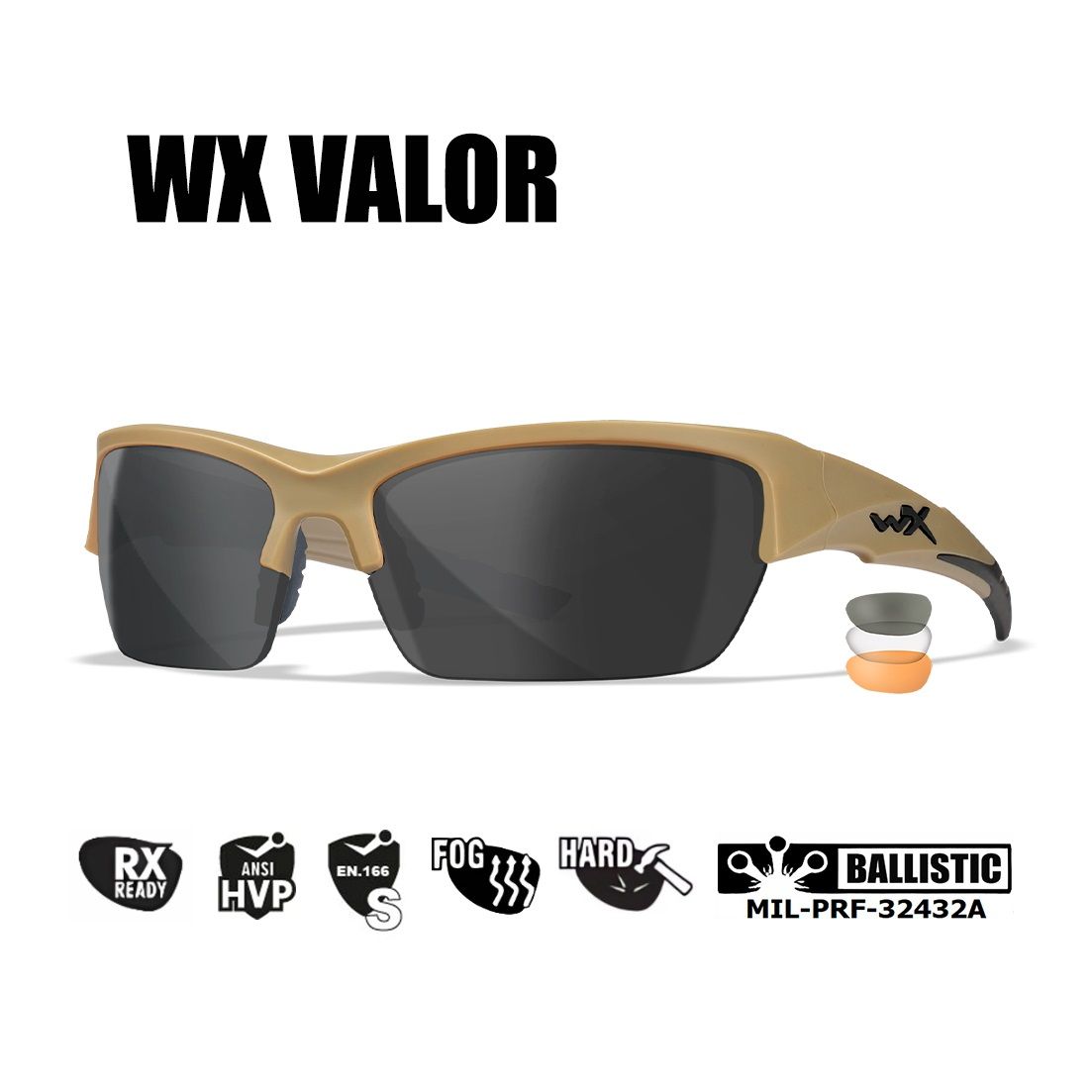 Очки защитные Wiley X WX Valor (Frame: Matte Tan, Lens: Clear + Grey + Rust)