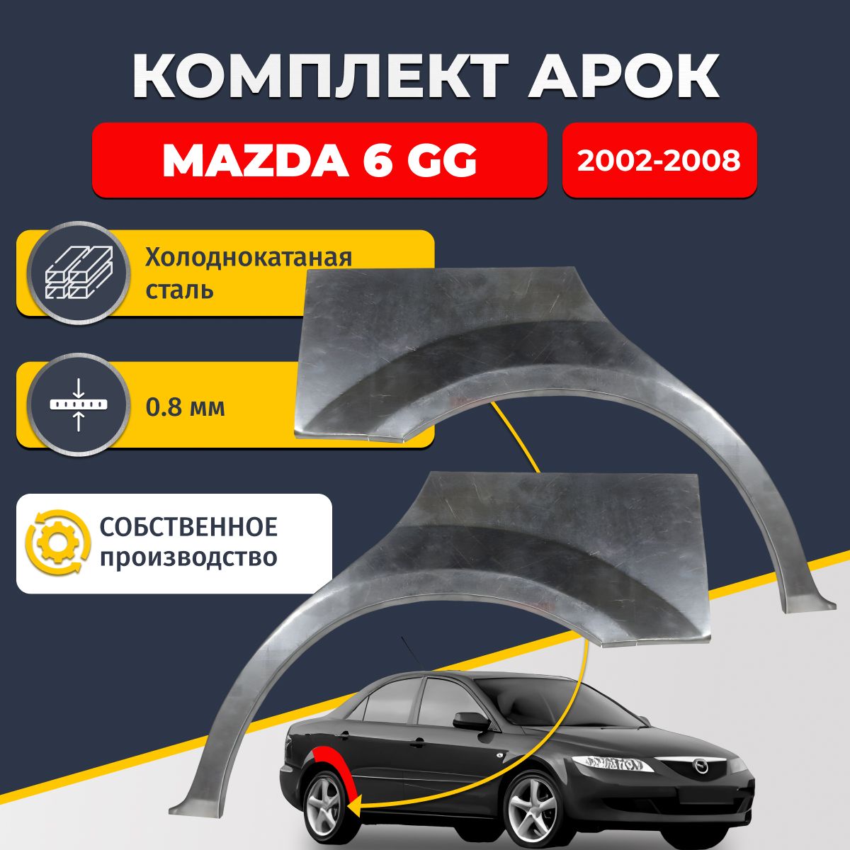 Комплект задних ремонтных арок для автомобиля (2 шт.), Mazda 6 GG 2002-2008 (Мазда 6 ГГ, Мазда 6 Джи Джи). Холоднокатаная сталь 0,8мм.