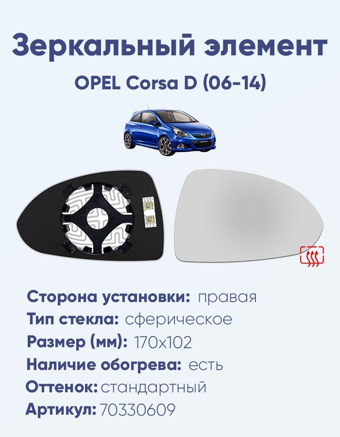 Зеркальный элемент правый OPEL Corsa D (06-14) сфера нейтральный с обогревом