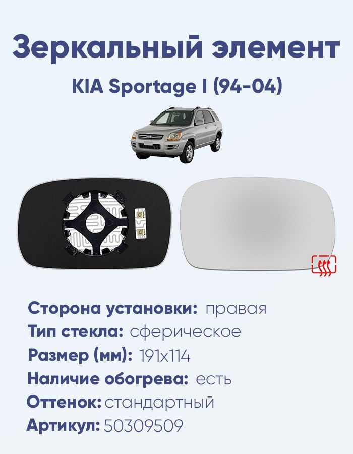 Зеркальный элемент правый KIA Sportage I (94-04) сфера нейтральный с обогревом