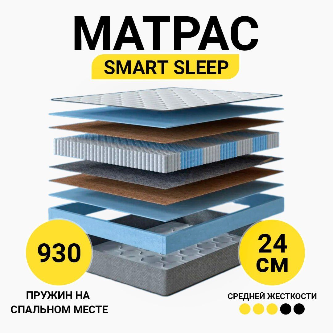 Матрасортопедический140х200SMART,двуспальныйснезависимымипружинами,скокосом,двусторонний,высотой24см