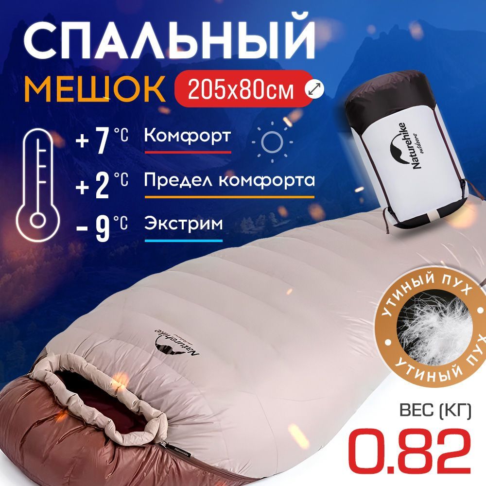 Мешок спальный Naturehike SnowBird, 205х80 см, L (380G), (правый) (ТК +7C), серый/коричневый