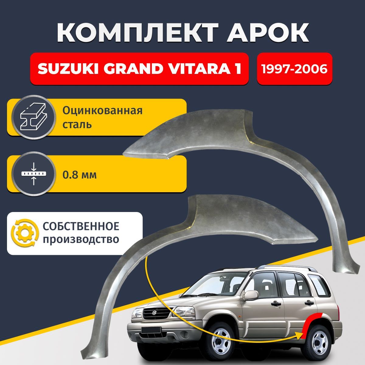 Комплект задних ремонтных арок для автомобиля (2 шт.), Suzuki Grand Vitara 1 1997-2006 внедорожник 5 дверей (Сузуки Гранд Витара 1). Оцинкованная сталь 0,8 мм.