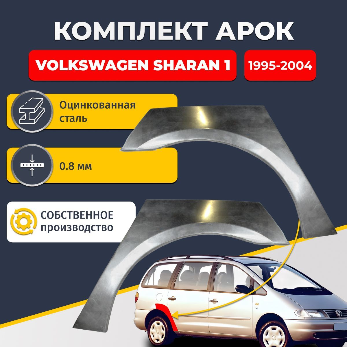 Комплект задних ремонтных арок для автомобиля (2 шт.), Volkswagen Sharan 1 1995-2004 (Фольксваген Шаран 1). Оцинкованная сталь 0,8 мм.