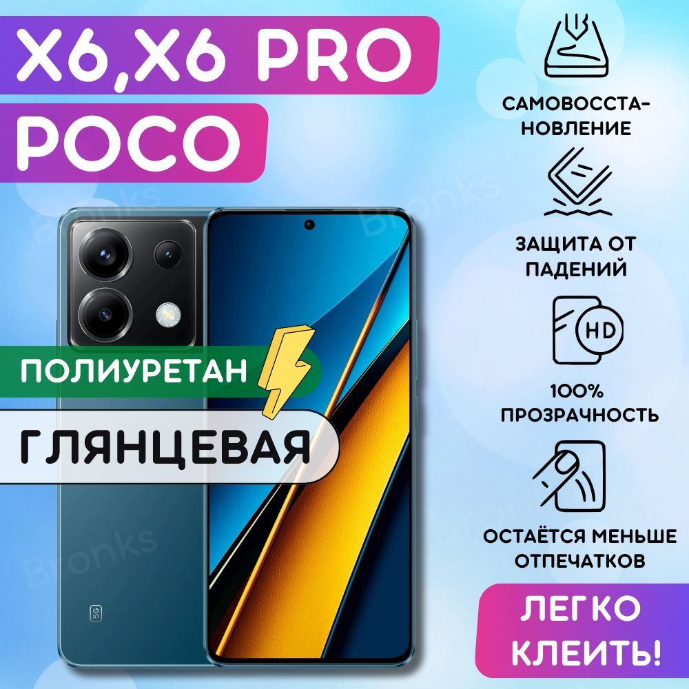 Гидрогелевая полиуретановая пленка на Poco X6, Poco X6 Pro, пленка защитная на Поко Икс 6, Икс 6 про, гидрогелиевая противоударная бронеплёнкa на Poco X6, Poco X6 Pro