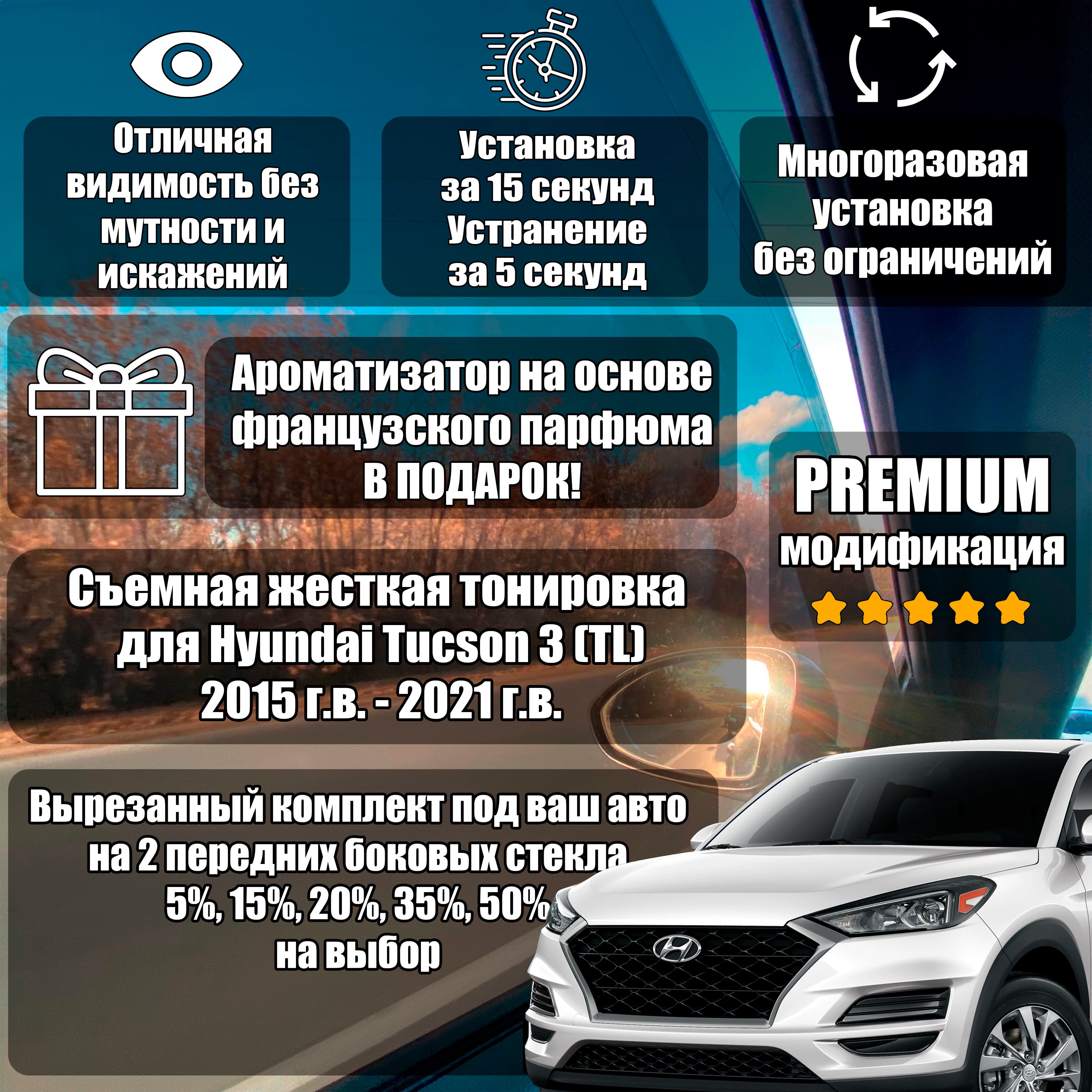 PREMIUM / Жесткая тонировка для Hyundai Tucson 3 (2015-2021) (TL) 15%/ ПРЕМИУМ Съемная тонировка Хендай Туссан Туксон Туссон 3 15%