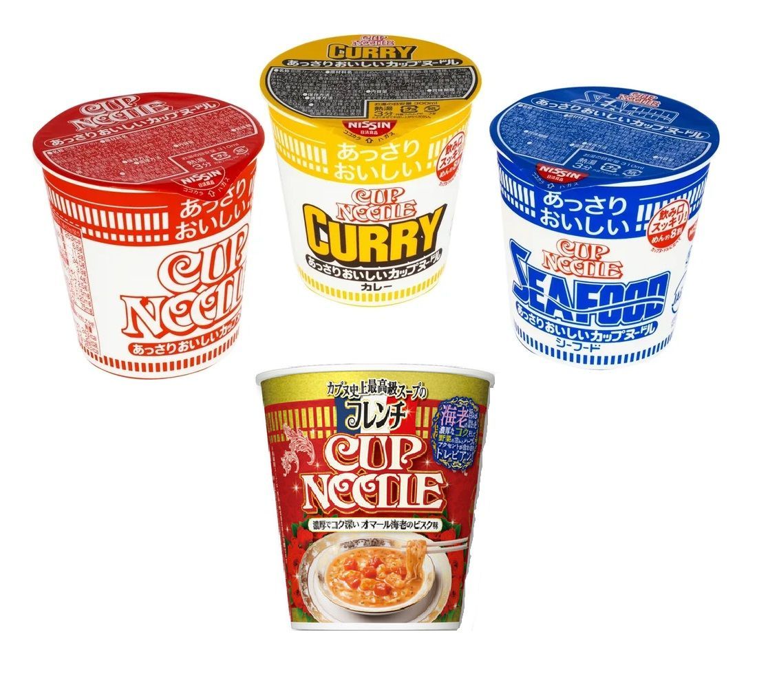 Суп-лапшабыстрогоприготовленияCupNoodle-4штукивнаборе(по-Французскисовкусомлобстера,сдобавлениемкарри,креветкаисоевыйсоус,совкусомморепродуктов)Nissin,Япония