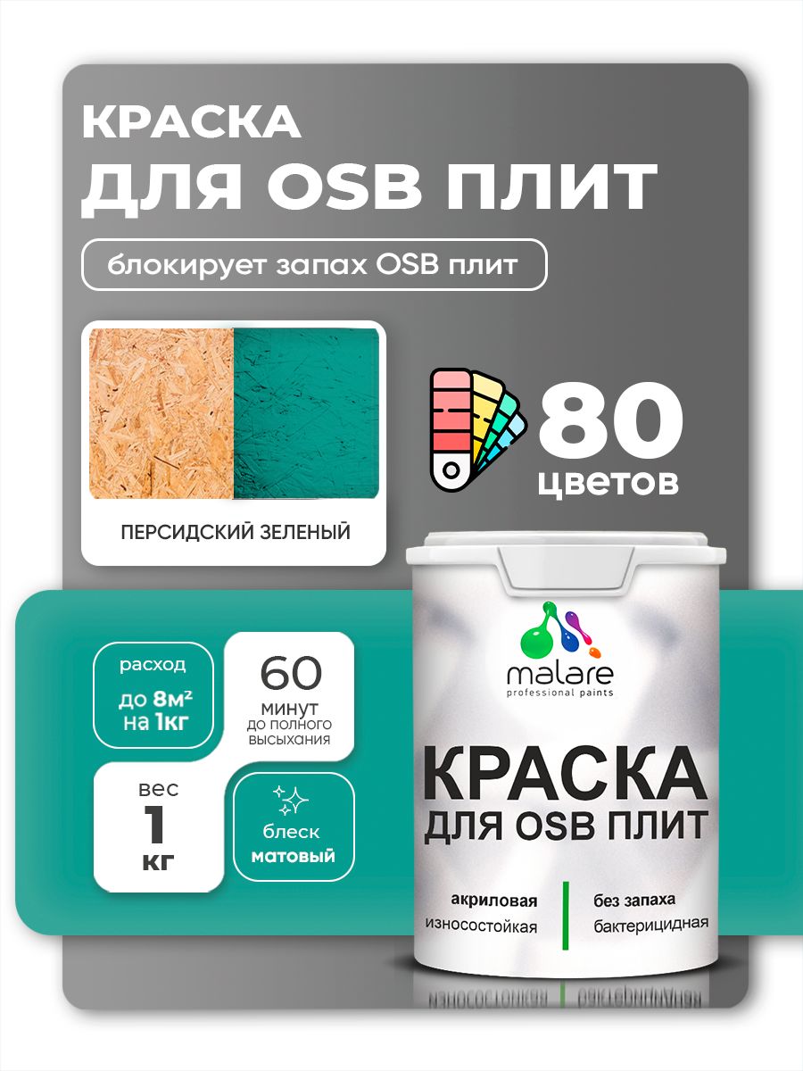 Акриловая краска для ОСБ плит Malare для дерева для наружных и внутренних работ, быстросохнущая без запаха матовая, персидский зеленый, 1 кг
