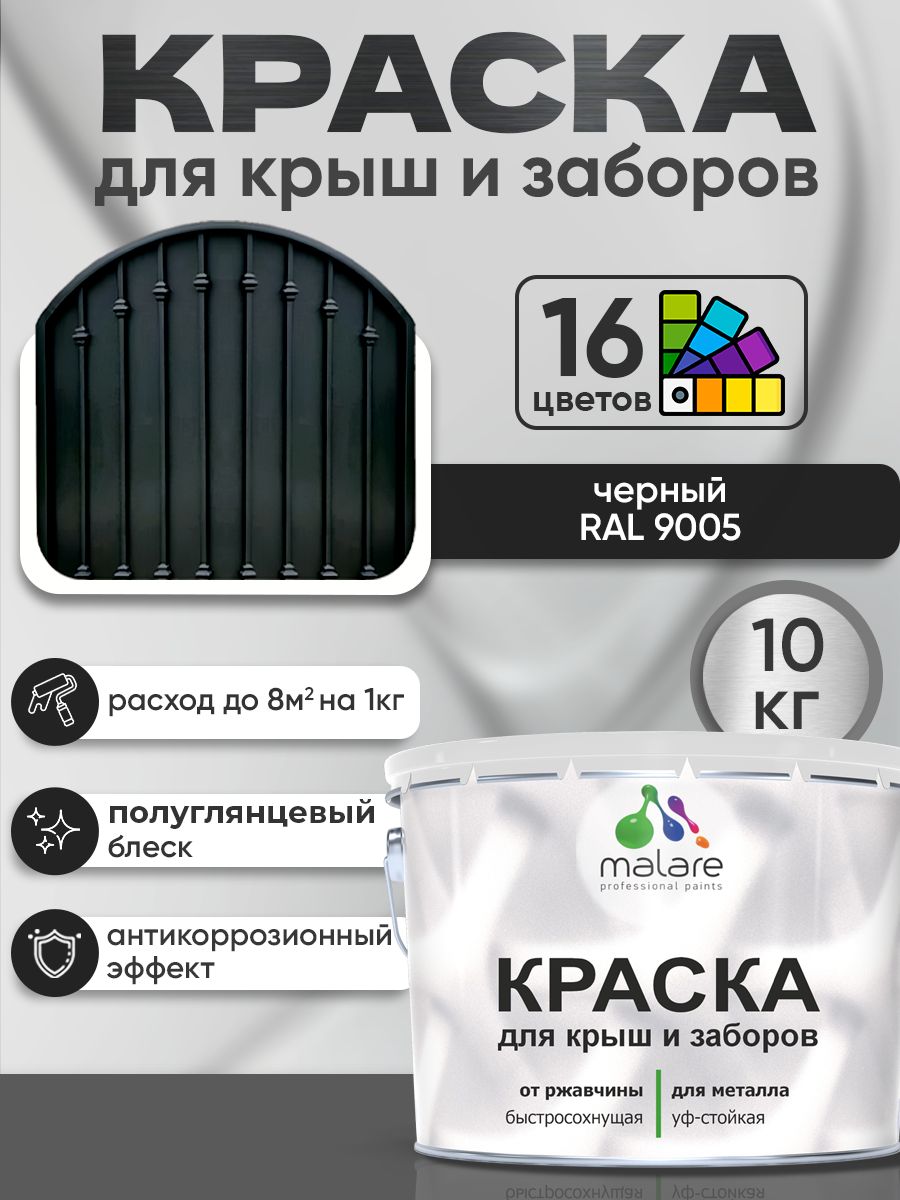 Краска по металлу Malare для крыш и заборов по ржавчине, для наружных работ, быстросохнущая износостойкая RAL 9005 черный, глянцевая, 10 кг