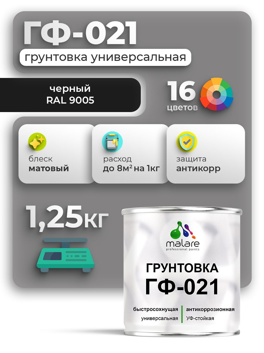 Грунтовка Malare ГФ-021 для металла по дереву, для минеральных поверхностей для внутренних и наружных работ, антикоррозионная быстросохнущая RAL 9005, черный, матовая, 1,25 кг.