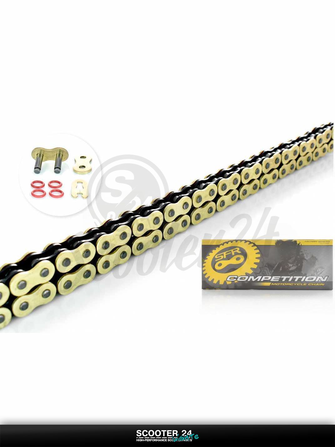 Цепь приводная трансмиссии на мотоцикл 520 VO 128 L звеньев сальниковая O Ring "SFR" (GOLD/BLACK)