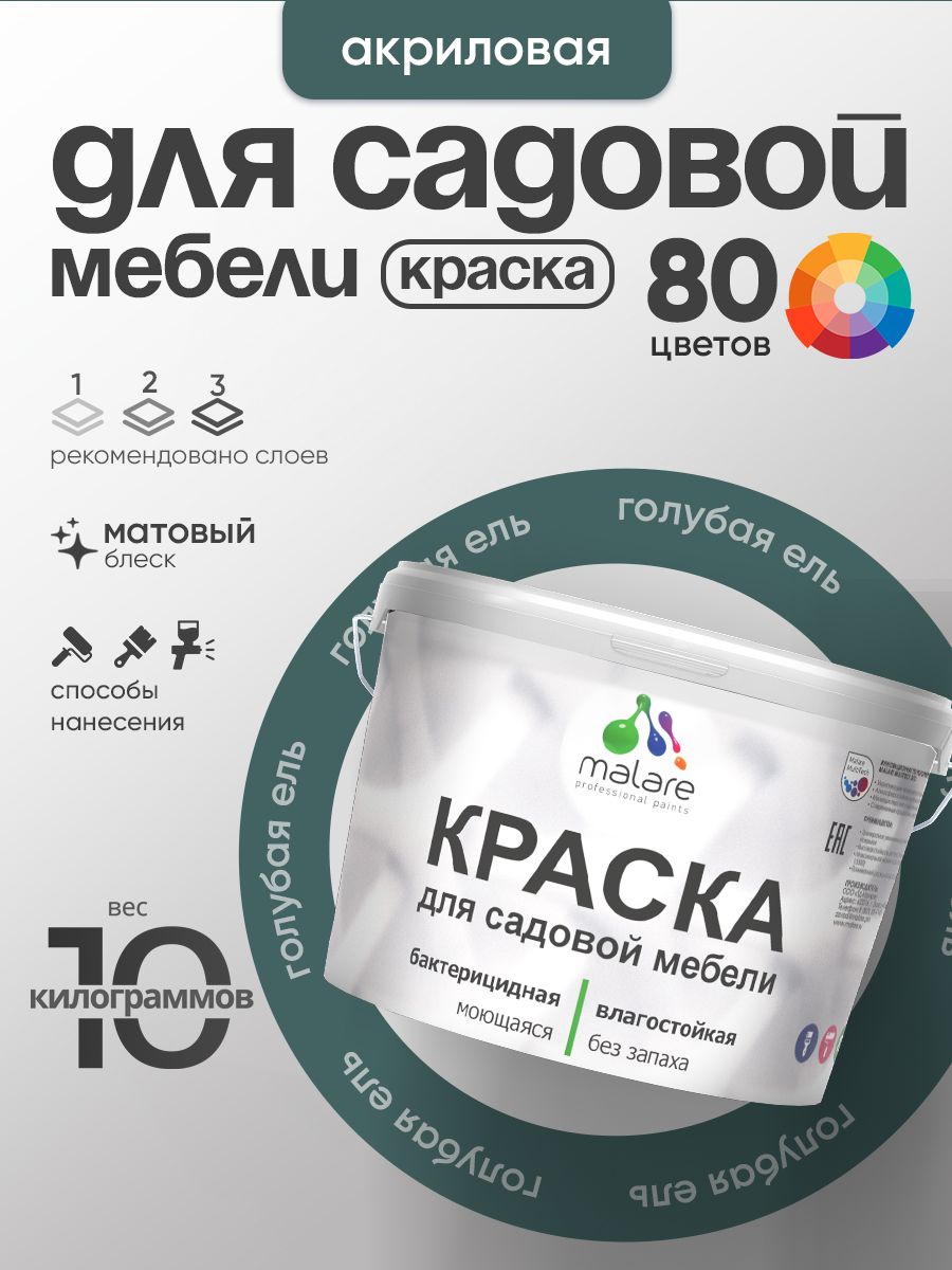 Акриловая краска Malare для садовой мебели/ по дереву, для наружных и внутренних работ/ быстросохнущая моющаяся без запаха матовая, голубая ель, 10 кг