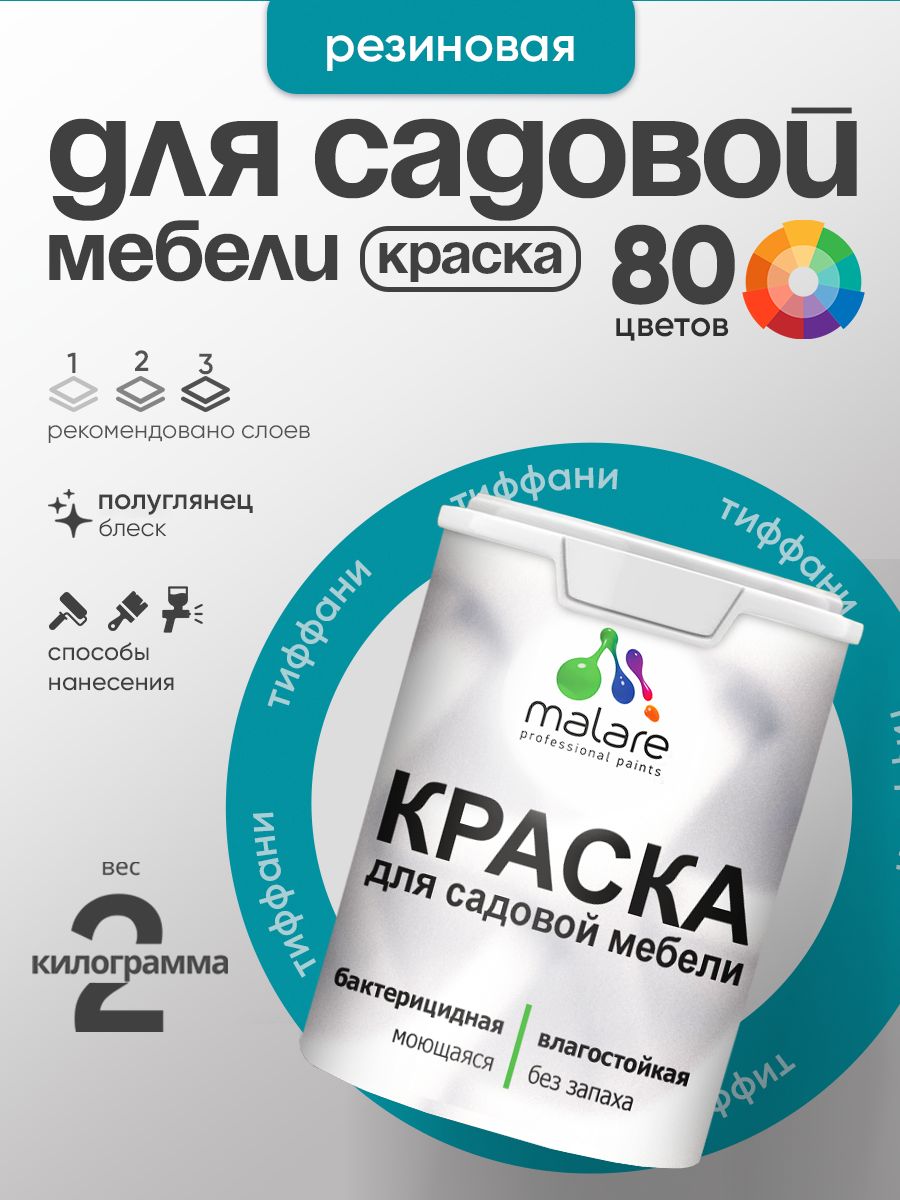 Резиновая краска Malare для садовой мебели/ по дереву, для наружных и внутренних работ/ быстросохнущая моющаяся без запаха полуглянцевая, тиффани, 2 кг
