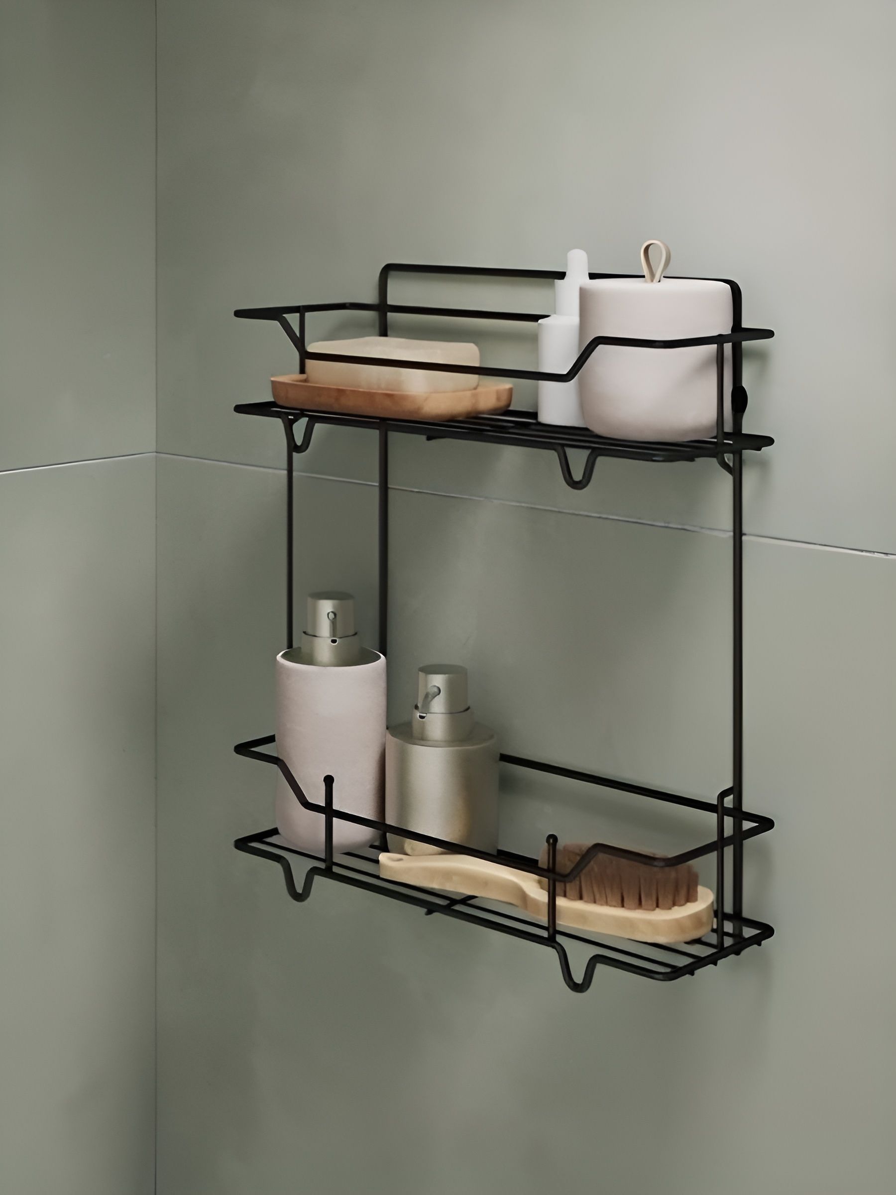 Фото товара на маркетплейсе ozon Полка для ванной настенная, двухъярусная, прямая, стальная, чёрная, Milardo, Grid, GRICS2BM44