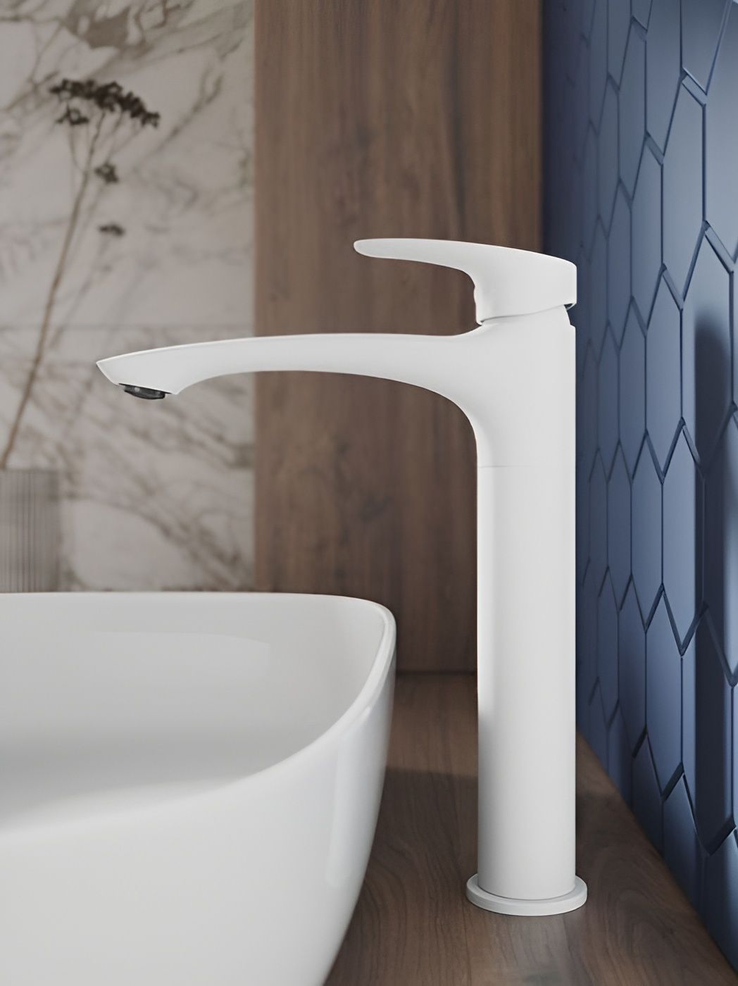 Фото товара на маркетплейсе ozon Высокий смеситель для накладной раковины, Milardo, латунь, белый матовый, Rora, RORWT01M01