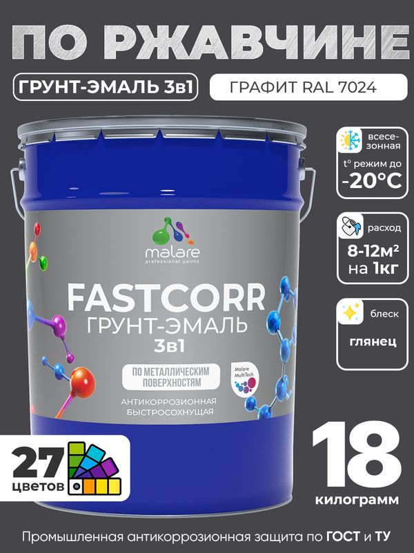 Грунт-эмаль по ржавчине 3 в 1 Malare FastCorr краска для металла, антикоррозионная износостойкая быстросохнущая RAL 7024, графитово-серый(темный), глянцевая, 18 кг.
