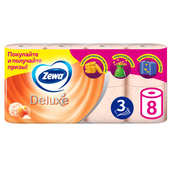 Туалетная бумага Zewa Deluxe Персик, 3 слоя, 8 рулонов - купить с ...
