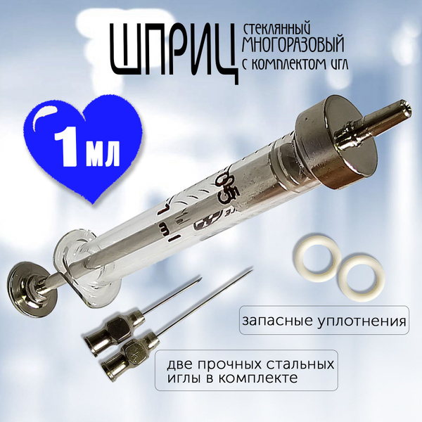 Шприц стеклянный 1 мл многоразовый с комплектом игл - купить с ...