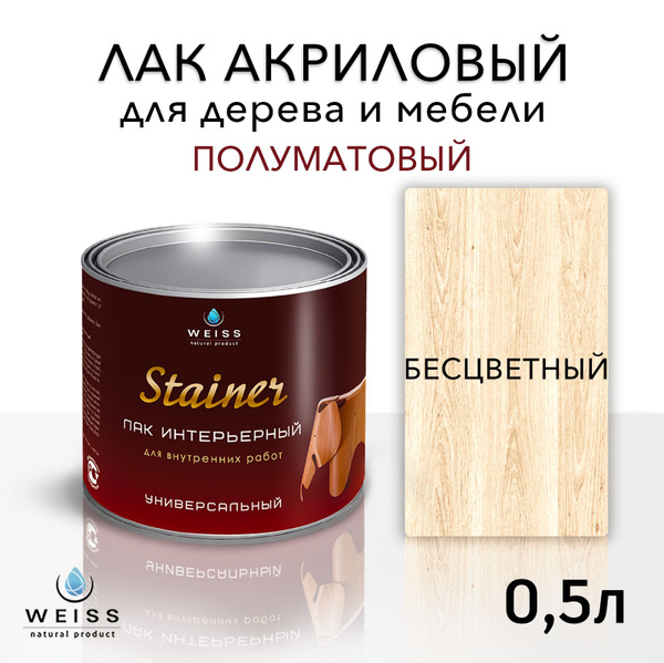 Лак для дерева акриловый бесцветный, полуматовый, Weiss natural product ...