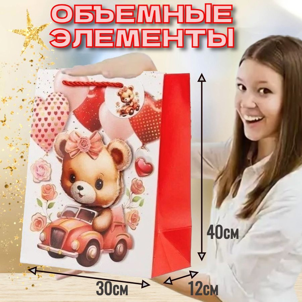 Пакет подарочный МИШКИ девочка с объёмной аппликацией 30*40*12 см ...