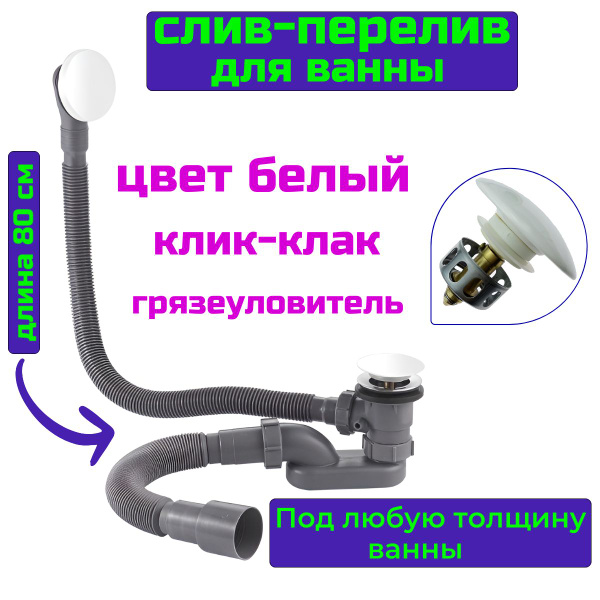Слив перелив для ванны белый матовый клик-клак SanNeva купить на OZON ...