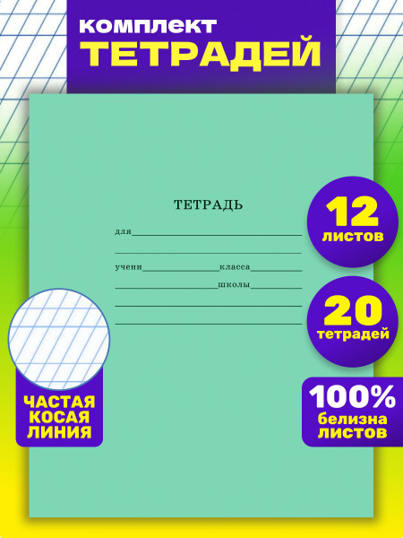 Тетрадь Prof-Press, А5, 12 листов, 20 штук, СТАНДАРТ ЧАСТАЯ КОСАЯ ЛИНИЯ ...