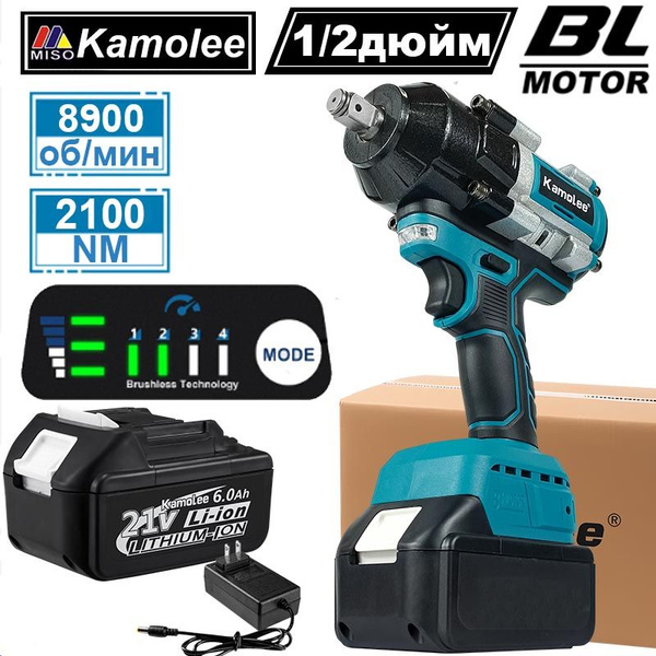 Kamolee, 2100N.m бесщеточный гайковерт 1/2,3000W,8900rp (АКБ*1 ...