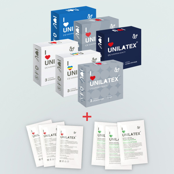 Промо-набор UNILATEX Презервативы 6 уп. по 3 шт. + Лубрикант UNILATEX 6 ...