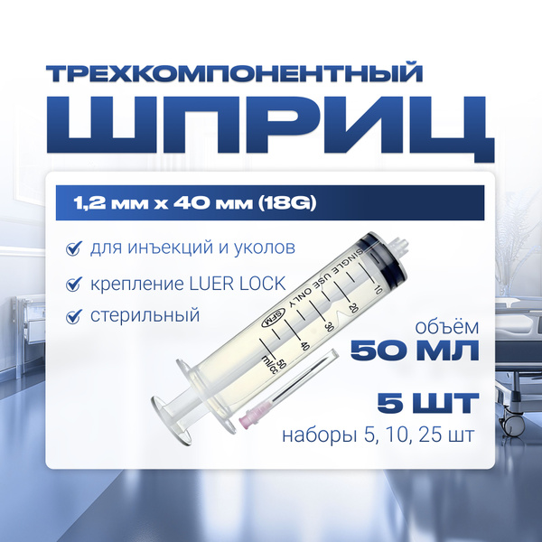 Шприц 50 мл трехкомпонентный, медицинский, для инъекций и уколов, с ...