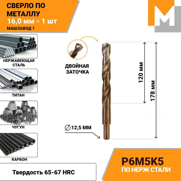 Сверло по металлу 16,0 мм хв. 12.5 мм Р6М5К5 кобальтовое МАШЗАВОД 1 ...