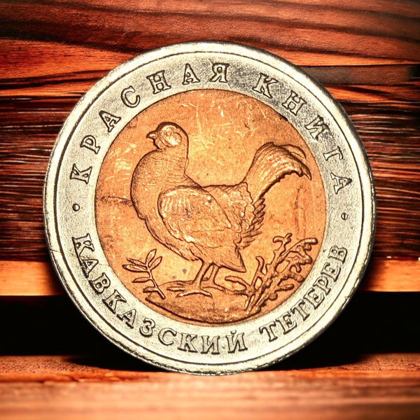 Монета СССР 50 рублей 1993 года. Красная книга СССР. Кавказский тетерев ...