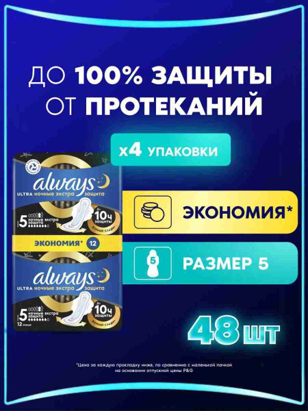 Прокладки женские Always Ultra Ночные Экстра защита, 5 размер, 48 шт (4 ...