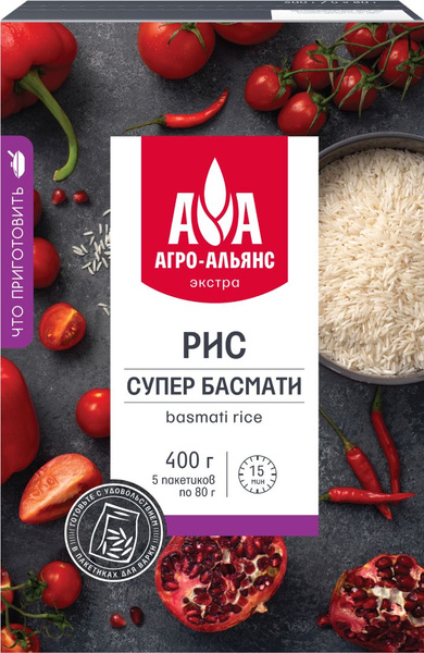 Рис Агро-Альянс Экстра, Супер Басмати, в пакетиках для варки, 400 г ...
