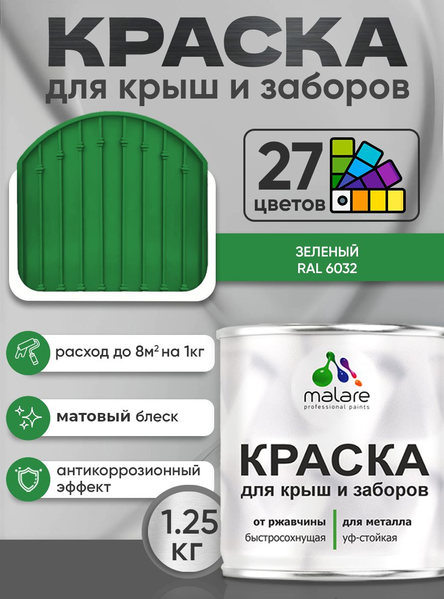 Краска по металлу Malare для крыш и заборов по ржавчине, для наружных работ, быстросохнущая износостойкая RAL 6032 зеленый, матовая, 1,25 кг