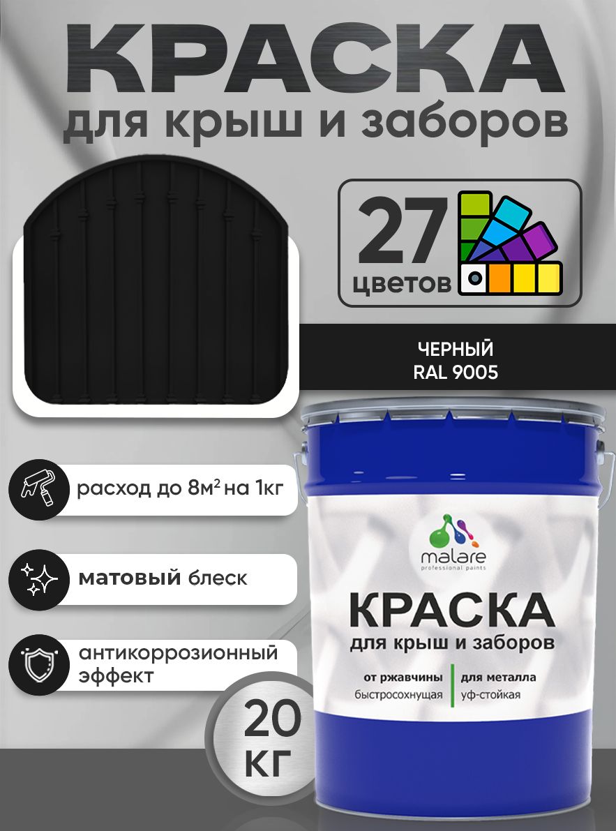 Краска по металлу Malare для крыш и заборов по ржавчине, для наружных работ, быстросохнущая износостойкая RAL 9005 черный, матовая, 20 кг