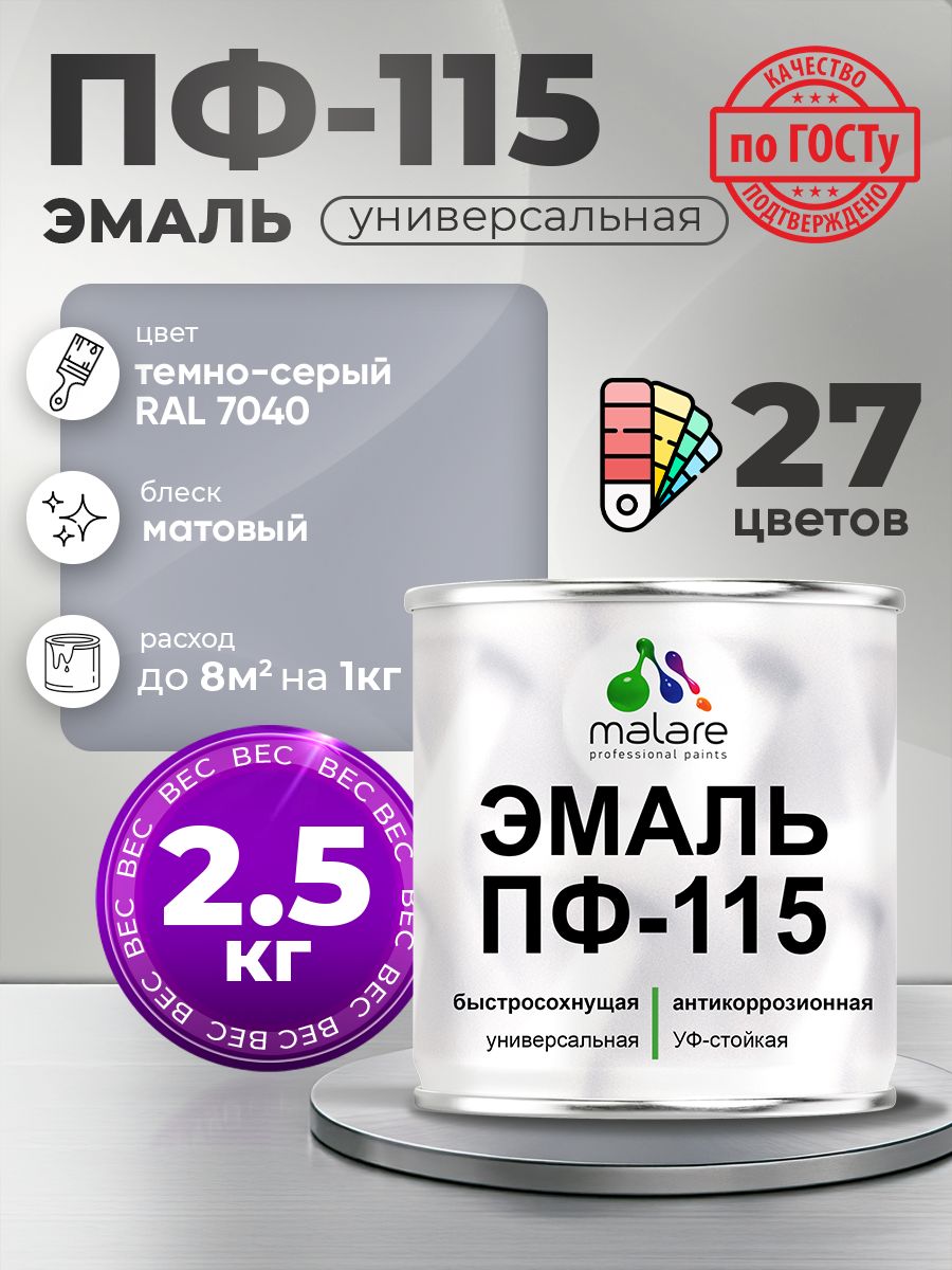 Эмаль Malare ПФ-115 краска для металла по дереву для минеральных поверхностей для внутренних и наружных работ антикоррозионная быстросохнущая, RAL 7040, темно-серый, матовая, 2,5 кг