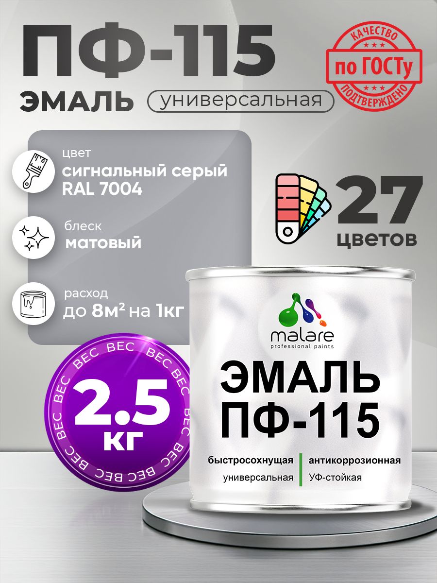 Эмаль Malare ПФ-115 краска для металла по дереву для минеральных поверхностей для внутренних и наружных работ антикоррозионная быстросохнущая, RAL 7004, сигнальный серый, матовая, 2,5 кг