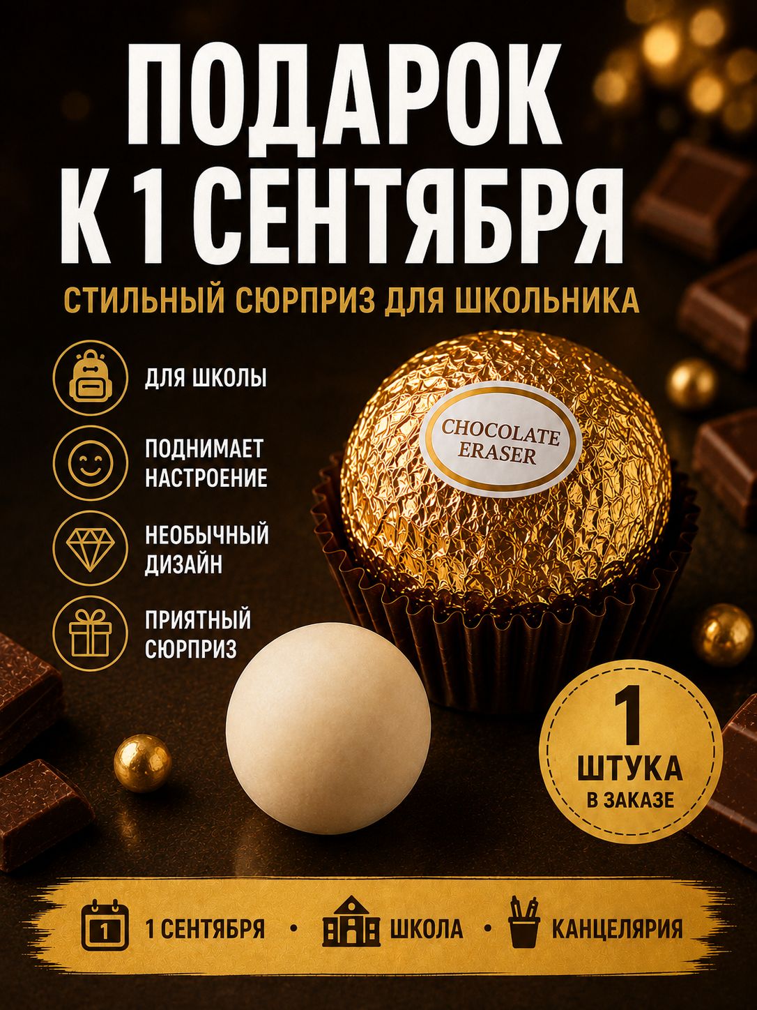 Уникальный подарок. Ластик-шар в виде шоколадной конфеты, 1 шт.