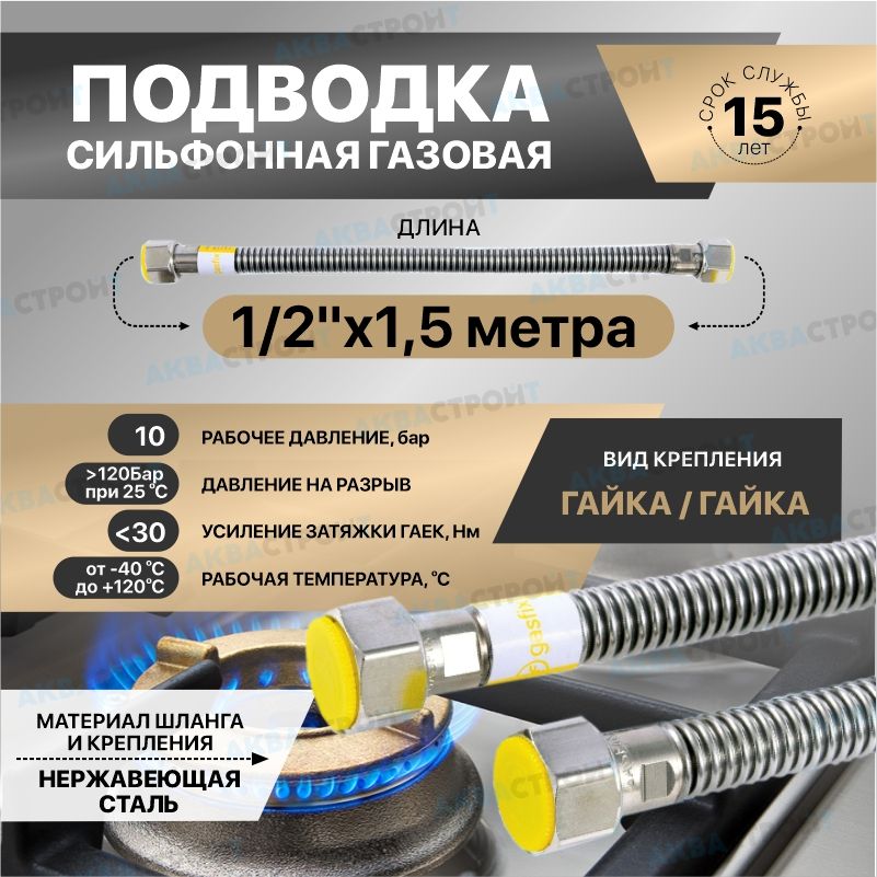 ГибкаясильфоннаяподводкадлягазаизнержавеющейсталиGasfix(1/2"х1.5мгайка/гайка),Подводкадлягаза