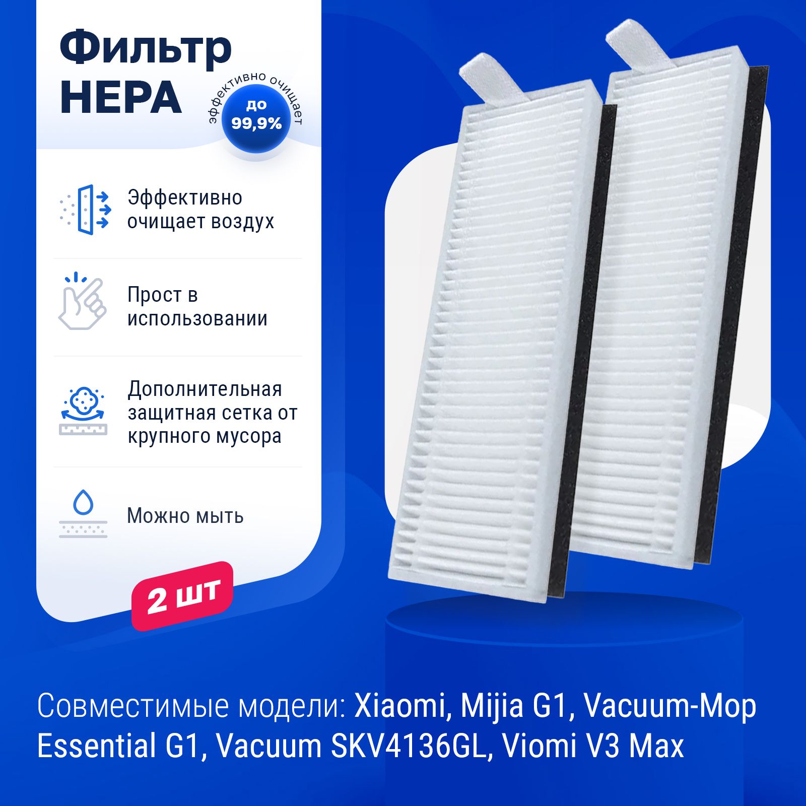 Комплект фильтров для робота пылесоса Xiaomi Vacuum Mop Essential G1 (Mijia  G1), Viomi V3 Max - 2 шт - купить с доставкой по выгодным ценам в  интернет-магазине OZON (224939584)