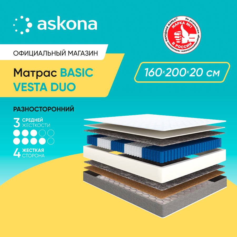 Матрас ASKONA 0311BasicVestaDuo_199, Независимые пружины, 160 - купить по  выгодной цене в интернет-магазине OZON (373631152)