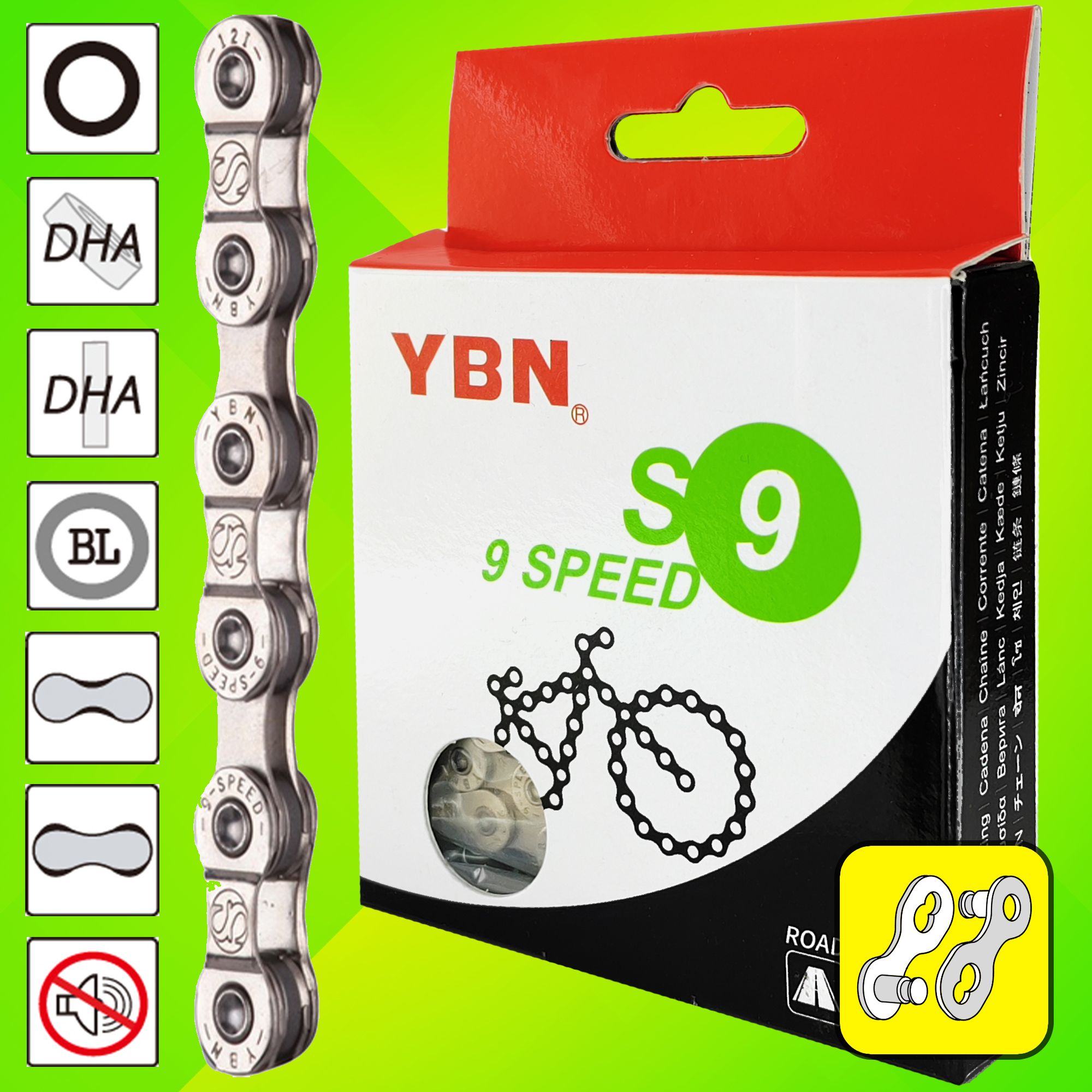 YBN Цепь для велосипеда S9-S2, 1/2"x11/128", 116 звеньев, 9 скоростей, замок цепи — Каталог Ozon
