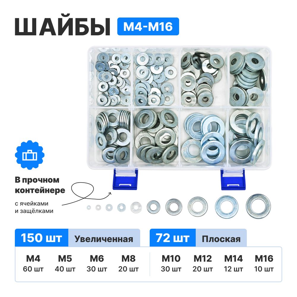 НаборШАЙБМ4-М8усиленная,увеличенная/М10-М16плоскаявпластиковомконтейнередляхранения-222шт,712гр