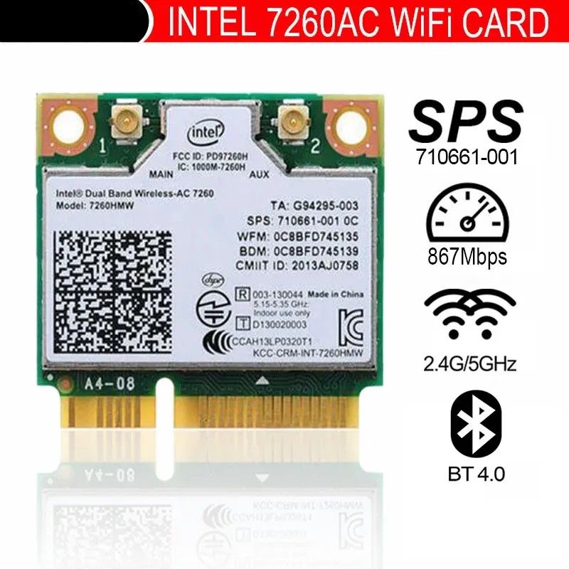 Wi-Fi-адаптерWIFIкартаIntel7260HMW,MiniPCI-E,двухдиапазонная2.4Gи5G,до867Мбит/с,Bluetooth4.0,дляHP