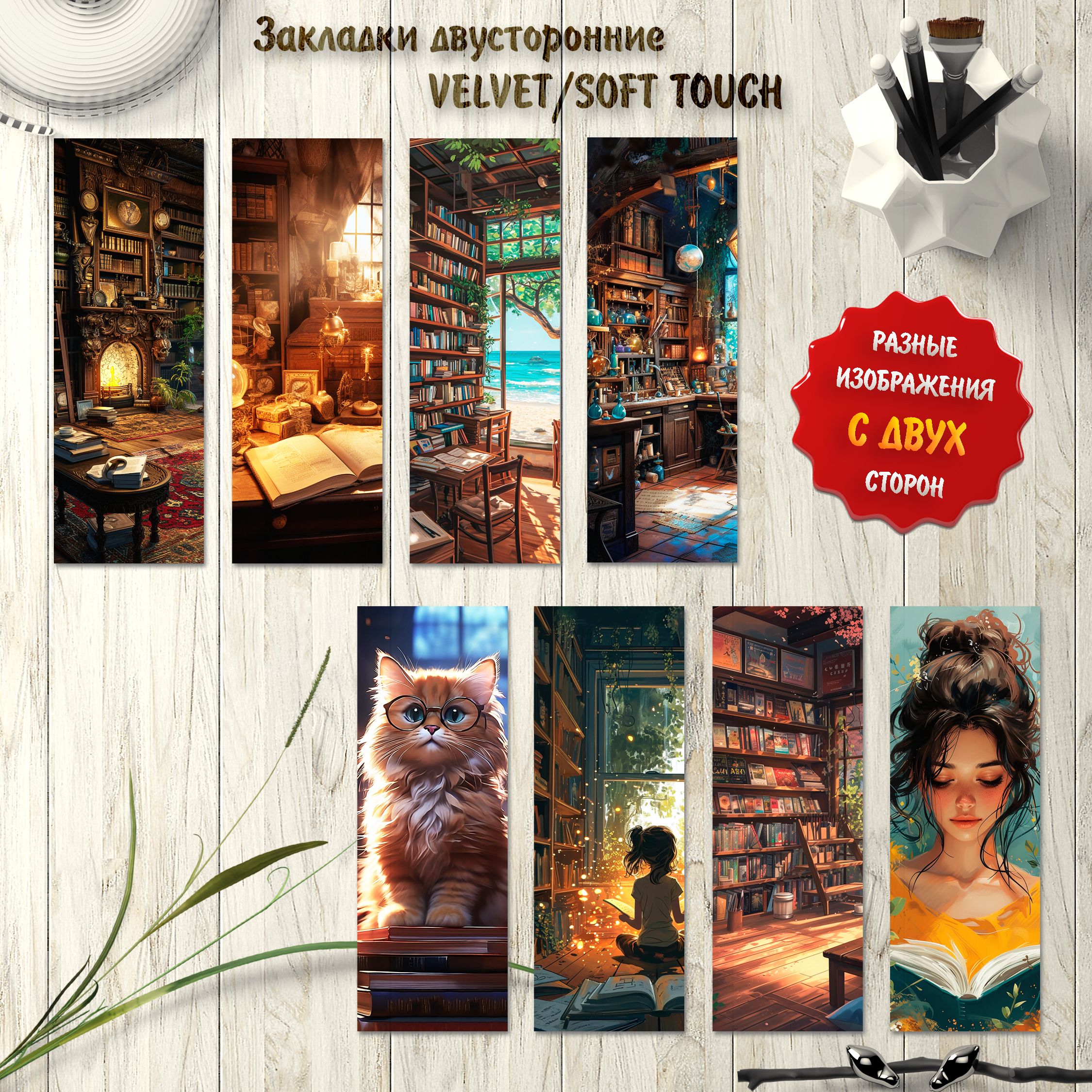 Закладки книжные магазины с покрытием soft touch. Набор 8 штук