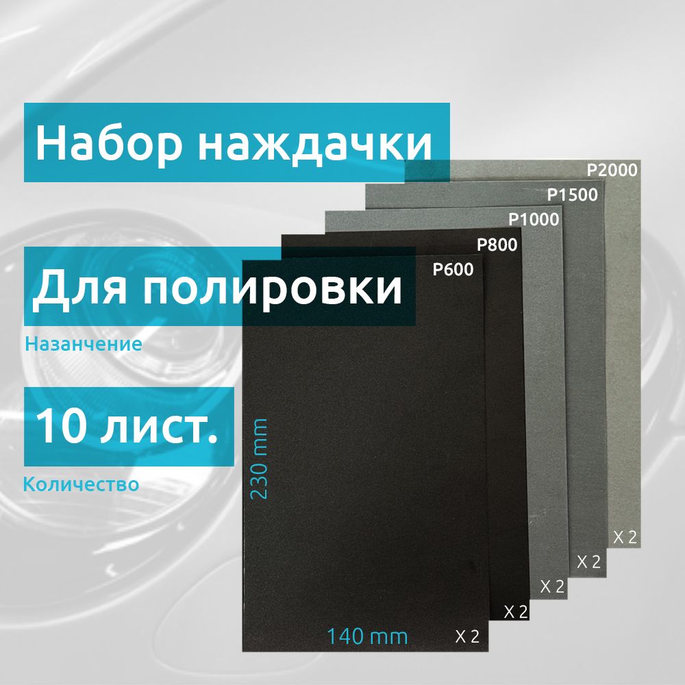 Наждачнаябумаганабордляавто10листов230х140мм(Р600,Р800,P1000,P1500,P2000)дляполировкифар